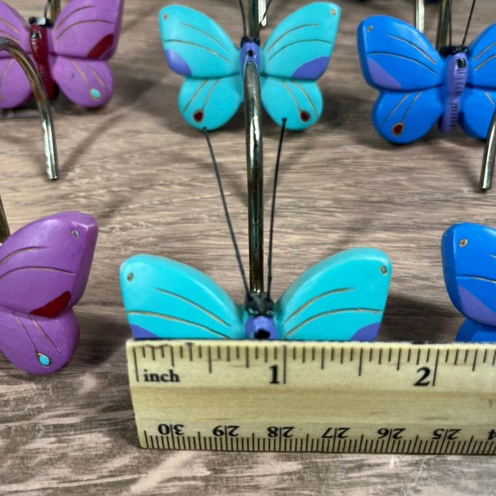 Butterfly Shower Curtain Hooks Multicolor Resin Whimsical Purple Blue Set of 12